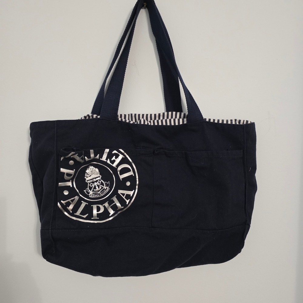Alpha Delta Pi Sorority Navy Canvas Tote Bag Silver Foil Crest Striped Lining